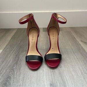 L.A.M.B. Burgundy & Black Leather Ankle Strap Heels — Gwen Stefani Line